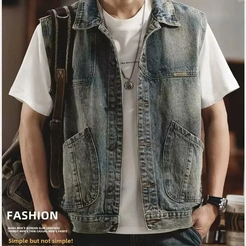 Loose-Fit American Style Vintage Men's Motorcycle Rider Vest Multi-Pocket Sleeveless Garment Trendy Cross-Border Outerwear