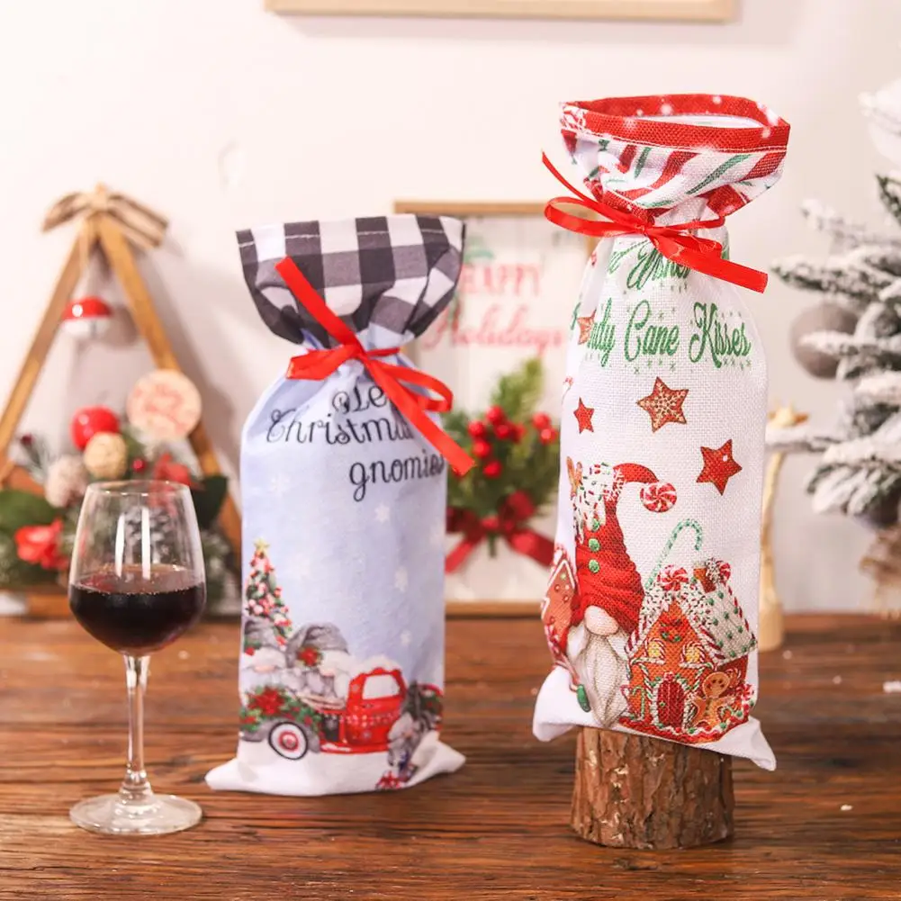 

Wine Bottle Cover Bar Decor Gnome House Car Pattern Wine Bottle Cover Festive Drawstring Cloth Sleeve for Merry Christmas
