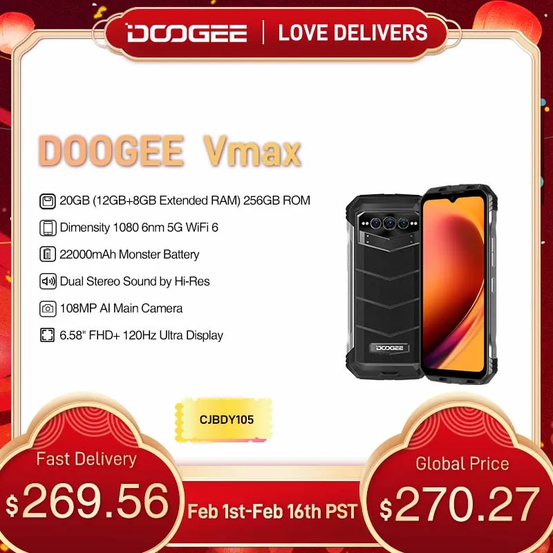 DOOGEE V MAX 5G Rugged Smartphone, 22000mAh 20GB+256GB Android 12 Unlocked  Phones, 120Hz 6.58