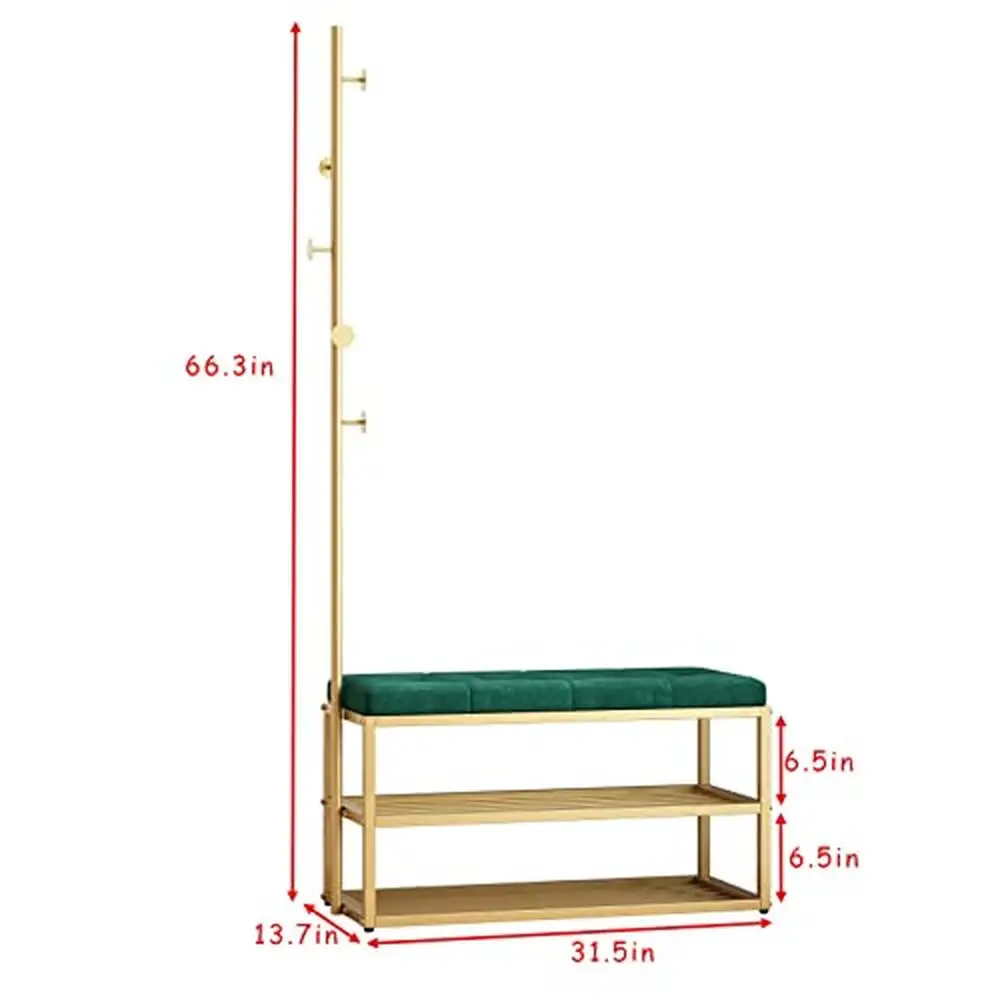 Hall Tree Coat Rack with Shoe Storage Shelf Green Upholstered Bench and 5 Hooks Freestanding Metal Entryway Organizer Coats Hats 5