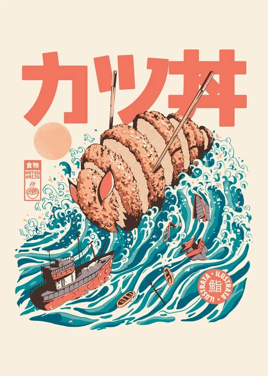 Vintage Japanese Kaijus Food Art Canvas: Sushi, Ramen, and Burgerzilla Poster