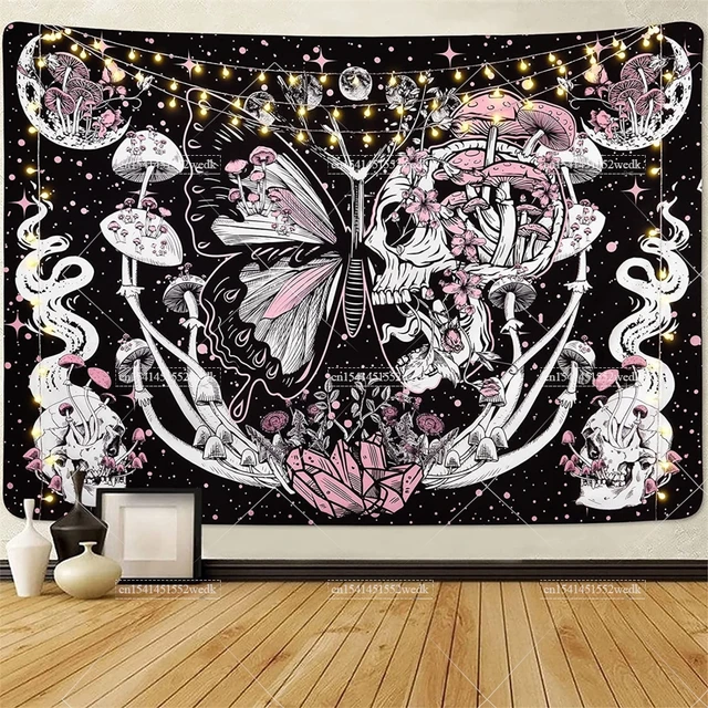 Tapisserie crâne Trippy champignon tapisserie serpent Hippie psychédélique tapisserie esthétique papillon lune et étoiles tapisserie tenture murale 2