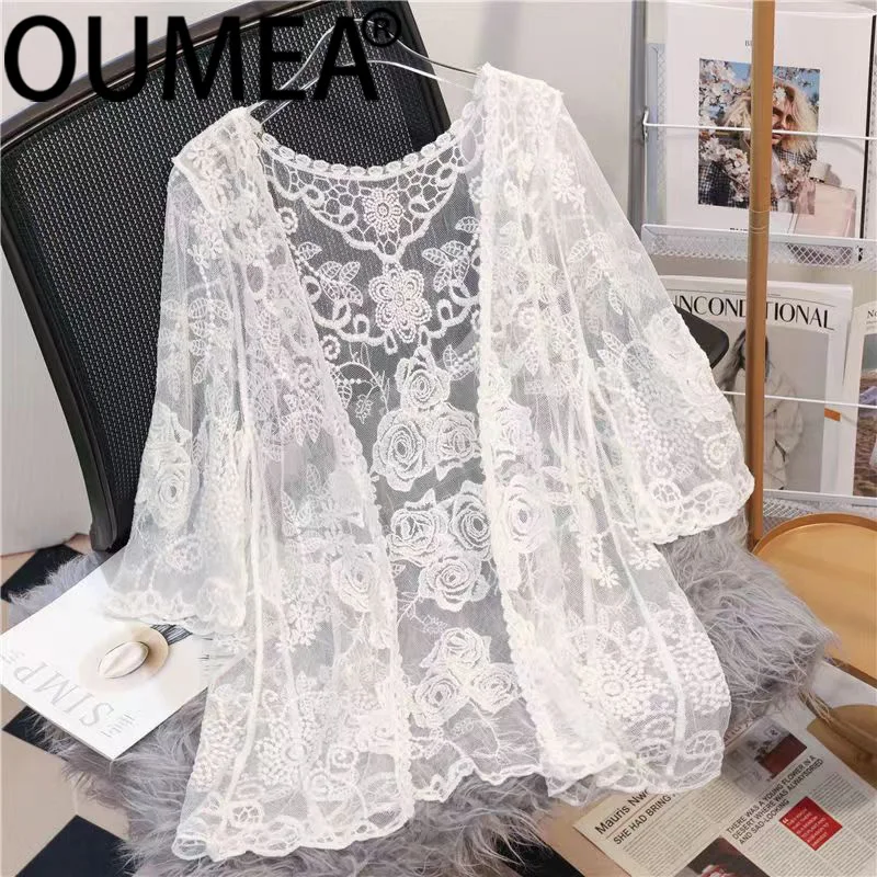 

OUMEA Women Cotton Crochet Mesh Cardigans Summer Sheer Rose Floral Embroidery Casual Cover Up