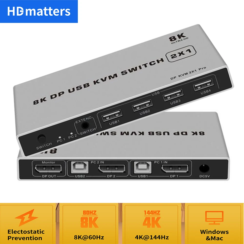 8k displayport kvm switch 4k 144hz 2 port usb kvm 8k displayport 1.4