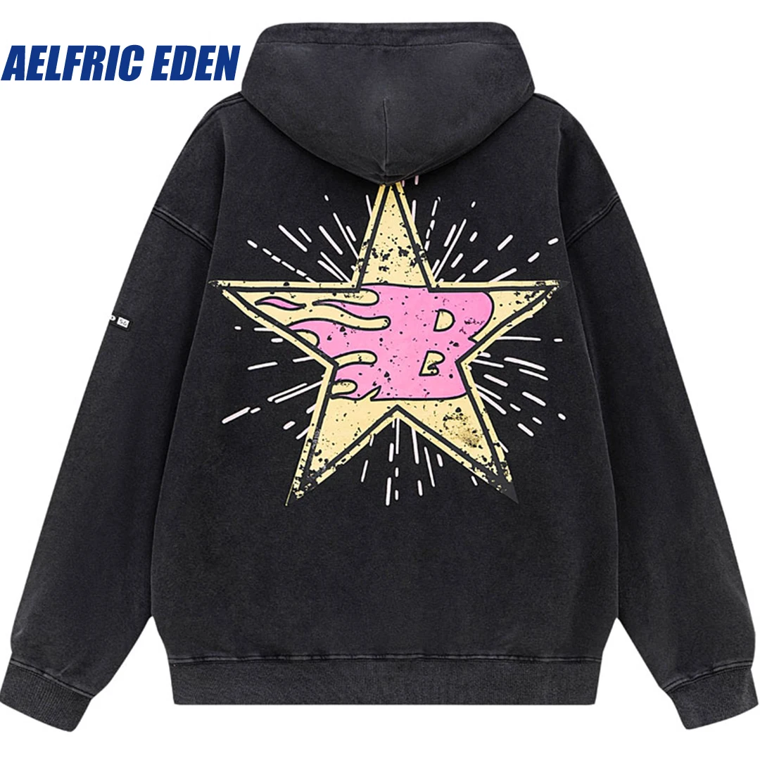 

Aelfric Eden Star Letter Graphic Print Washed Vintage Hoodie Y2K Hip Hop Retro Hooed Sweatshirt Streetwear Loose Pullover Hoodie