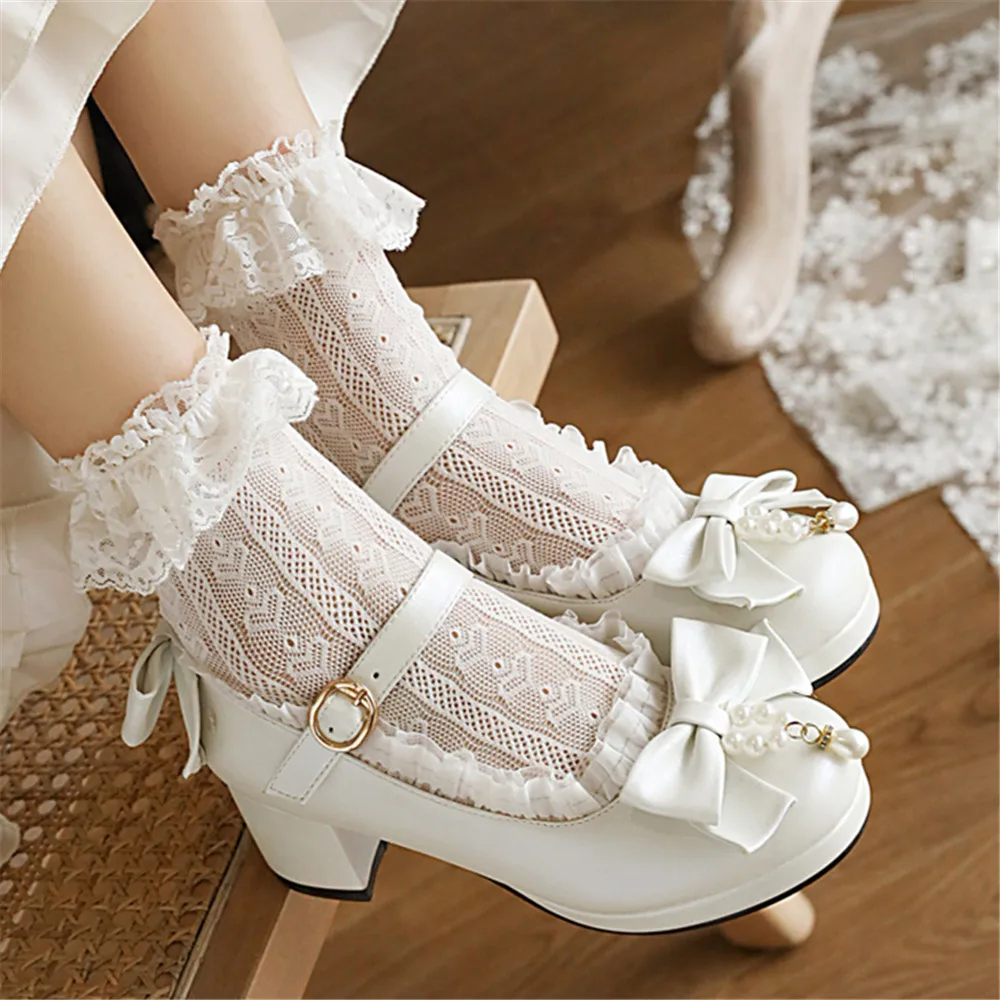 2023 Spring Autumn New Women Pumps Lolita Platform Block High Heels Pink Lace Mary Janes Bow Cosplay Ladies Party Shoes Beige