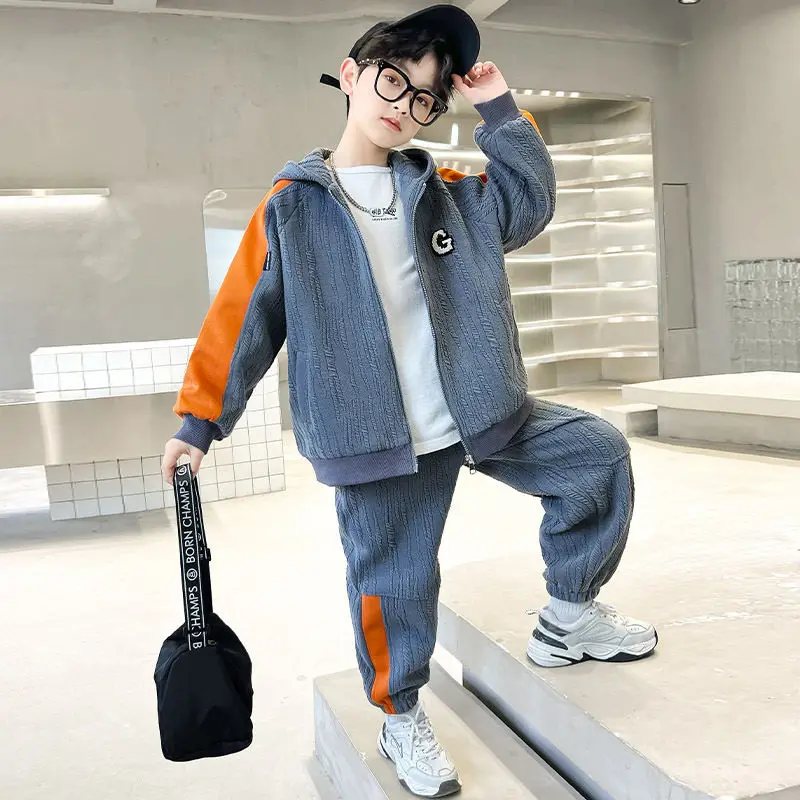 

2023 Teens Splicing Spring Autumn Boys Suit Coat +Pants Casual 2Pcs/SetsThicken Sports Sets Kid Breathable Children Clothing