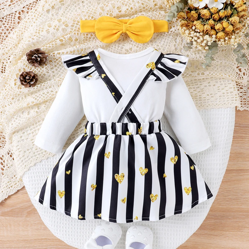 Shuttle Tree Baby Girls Skirt Set, Long Sleeve Romper Rabbit Suspender Skirt Bow Headband Fall Outfit