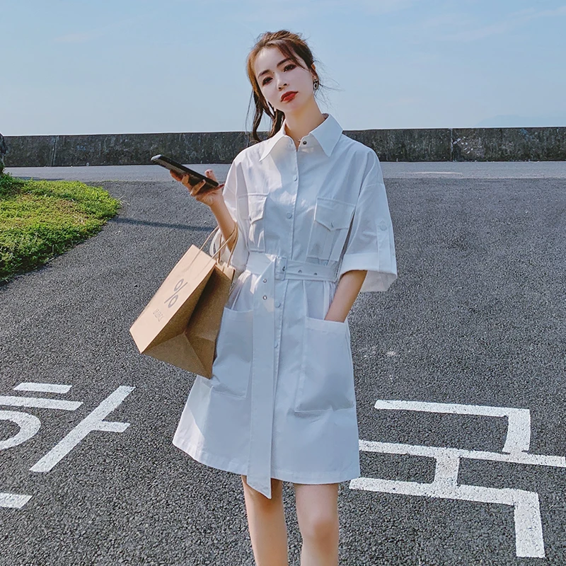 여성을위한 우아한 하이 엔드 캐주얼 연령 감소 화이트 셔츠 드레스 여름 2024 새로운 스타일 홍콩 스트리트 Workwear 드레스