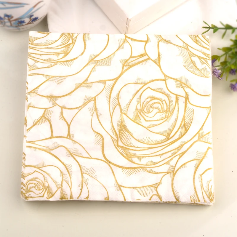 Line Drawing Rose Gold Print Napkin Placemat Paper Hotel Banquet Paper 20 Sheets Wood Pulp Mouth Cloth Wedding Wine Glass Flower