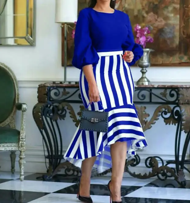 

Stripes Irregular Round Neck Medium Length Skirt Lantern Sleeve Fashion Commuting Mid Waist Printing Pullover Dress for Women