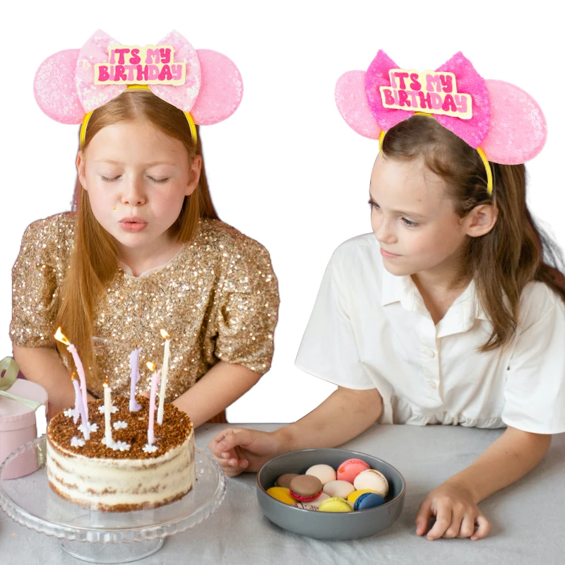 Newest Birthday Mickey Mouse Ears Headband Cartoon Sequins 5"Bow Headwear Girls Children Festival Party DIY Hair Accessories 6