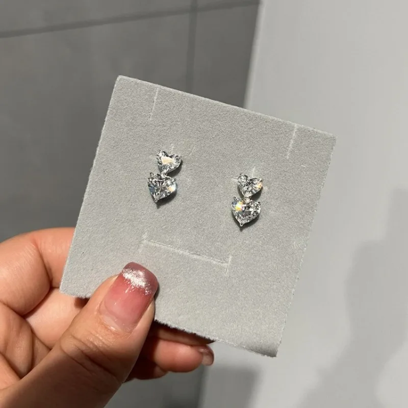 Light luxury sweet diamond studded double heart earrings for women silver 925 sparkling fashion and exquisite earring jewelry