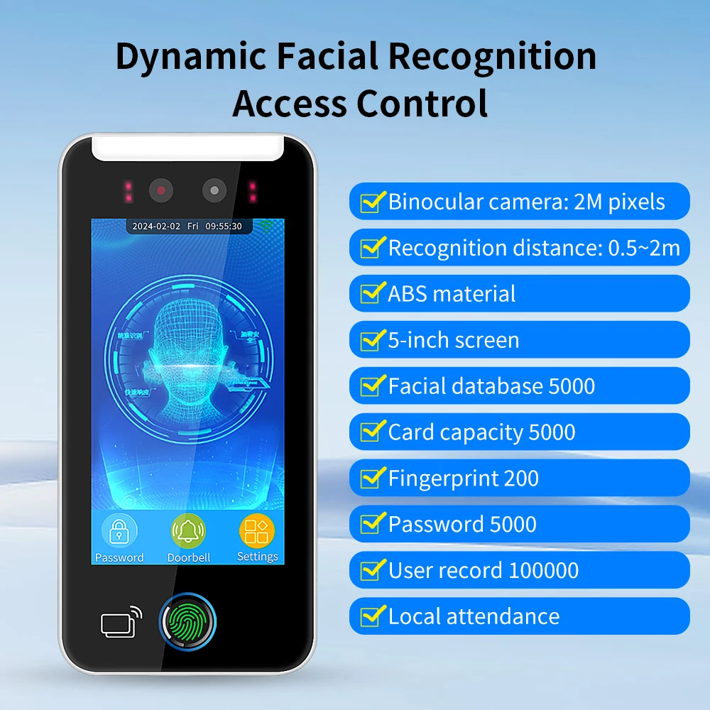 WiFi AI 얼굴 지문 출석 출입 통제 기계 5 1080P HD TCP/IP 생체 인식 스마트 도어 인식