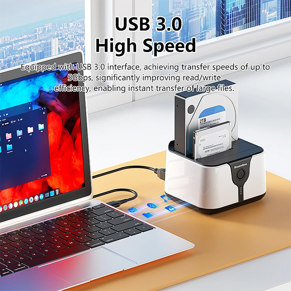 USB 3.0 SATA 듀얼 베이 외장 하드 드라이브 도킹 스테이션, 오프라인 복제 지원 하드 드라이브 스테이션 (12V 3A 전원 어댑터 포함)