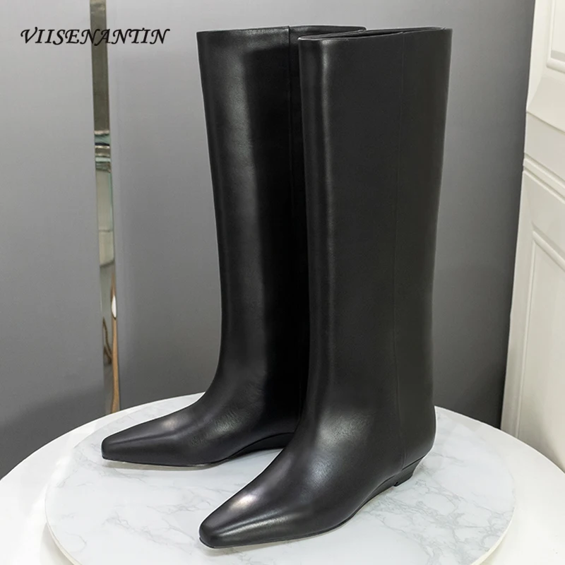 

Women's Knee High Boots Slip on Black Leather Fashion Knight Boots Pointed Toe Low Heel Simple and Comfortable Botas Females