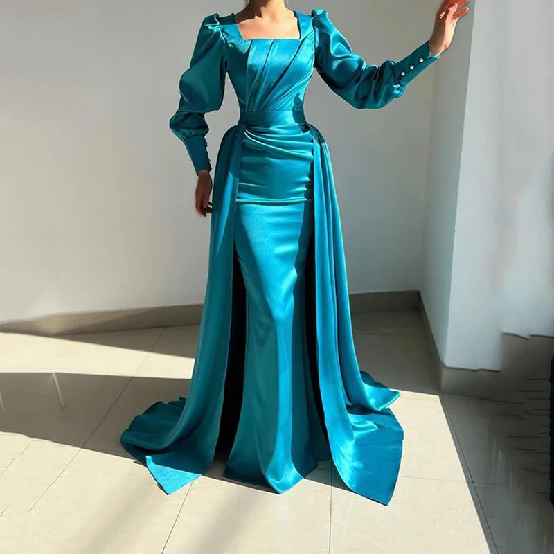 

Lake Blue Satin Mermaid Evening Dresses Detachable Overskirt Arabic Muslim Modest Women Prom Dress Formal Party Gowns