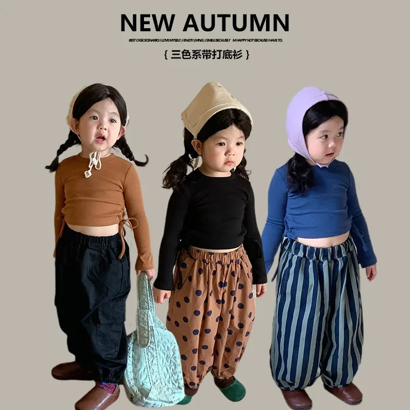 

Children's 2023 Autumn New Korean Edition Children's Tri Color Lace Up Bottom Shirt Girls' Short Long Sleeve T-shirt