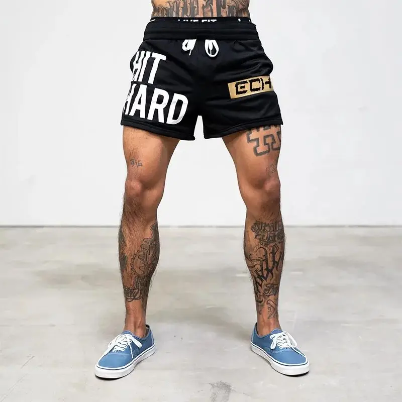 Summer Quick-drying Sports Shorts Men's Mesh Stretch Fitness Running Training Beach Pants HIT HARD Print GYM Basketball Short 2