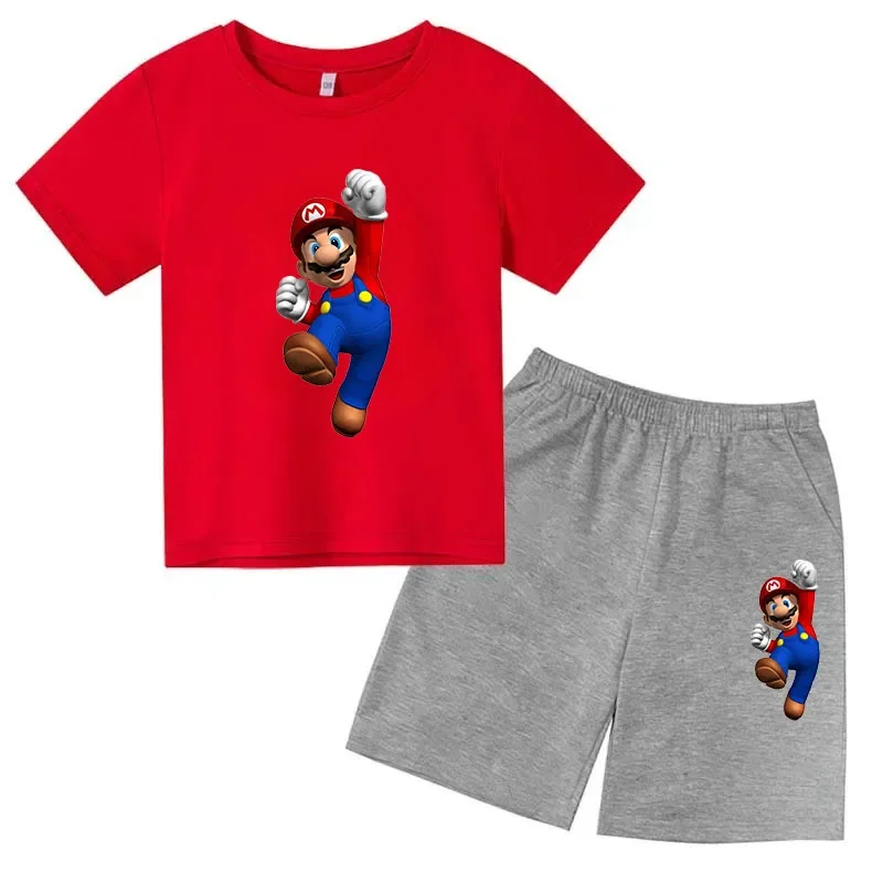 thumbnail image 1 of Conjunto de 2 piezas de camiseta y pantalones cortos de Mario de manga corta de verano para niños y niñas de 3 a 12 años, conjunto deportivo informal para niños, 1 of 5