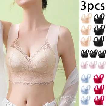 3pcs Ice Silk Seamless Lace Bra Top Support Underwear No Steel Ring Comfortable Large Size Bra Vest Bralette 1