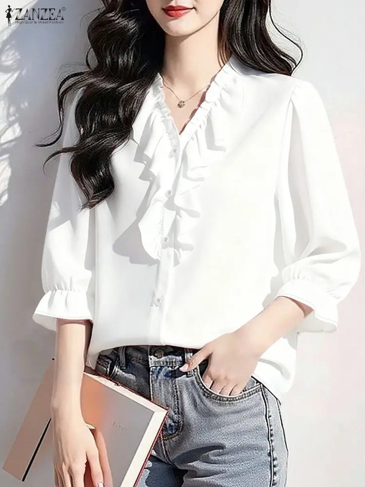 패션 2026 ZANZEA 여성 셔츠 오피스 러플 블라우스 봄 우아한 V넥 3/4 소매 블라우스 캐주얼 솔리드 버튼 탑스 셔미즈