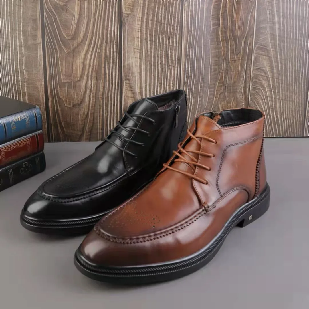 Withered Nordic Winter Men's Leather Boots -30 Business Cowhide Shoes Man Degrees Celsius Warm Wool Plush Ankle Boots