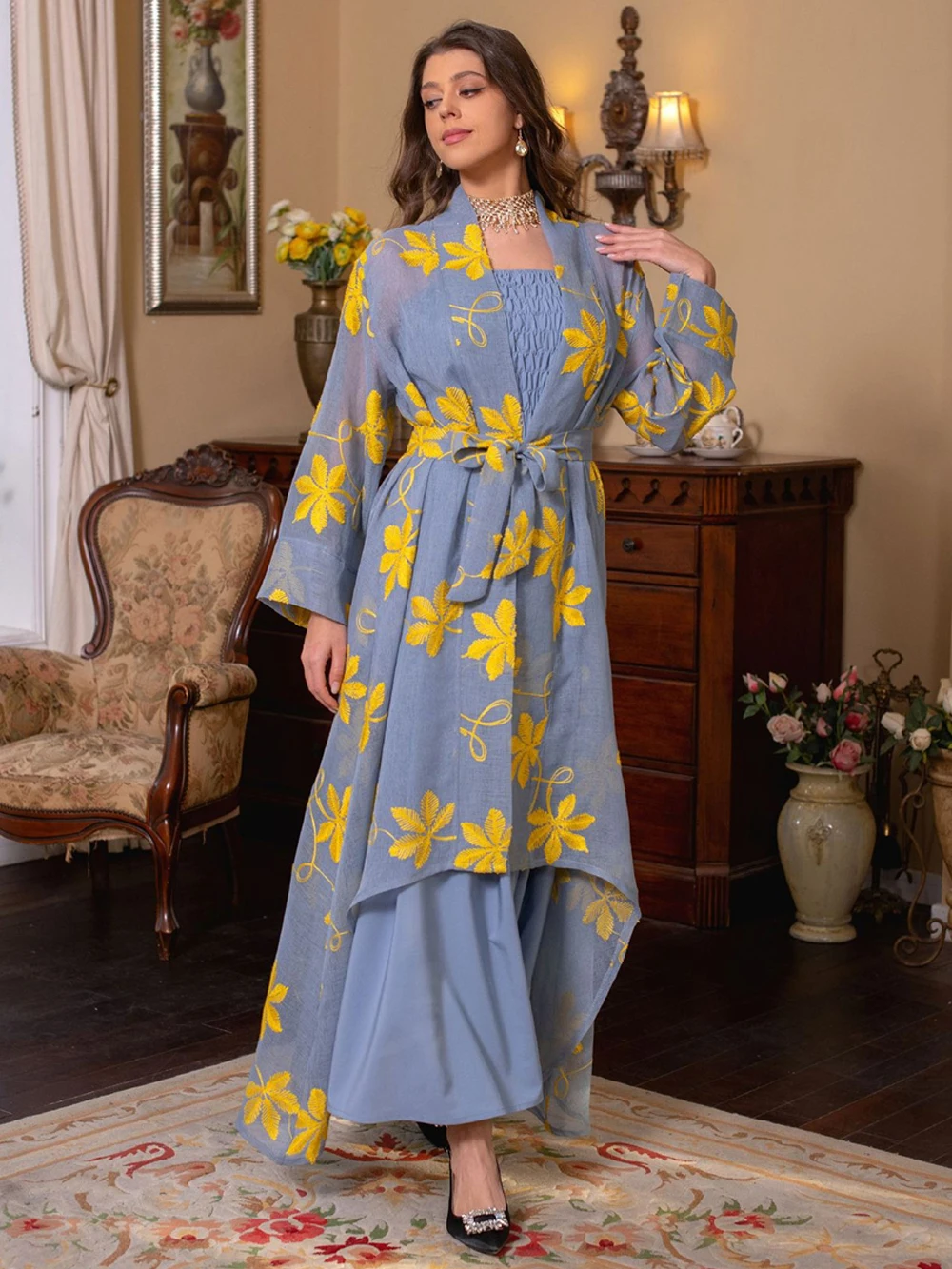 MD 2023 New Muslim Sets Dubai Turkey Kaftan Abayas For Women Ramadan Islamic Clothing Wedding Party Gown Kimono Robe Femme Bubu