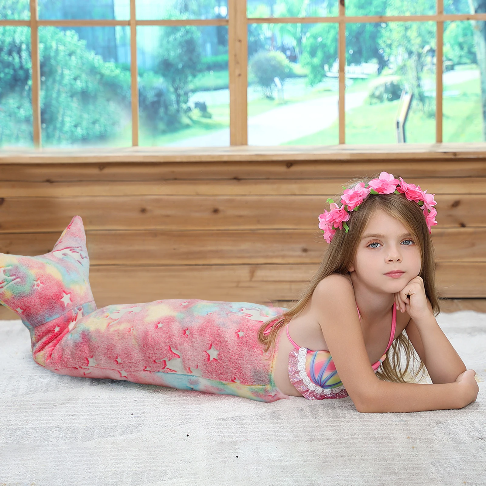 Flannel Mermaid Sleeping Bag Super Soft Luminous Mermaid Blanket Flannel Girls Mermaid Tail Blanket Gifts for Girls 3 to 6 Years 5