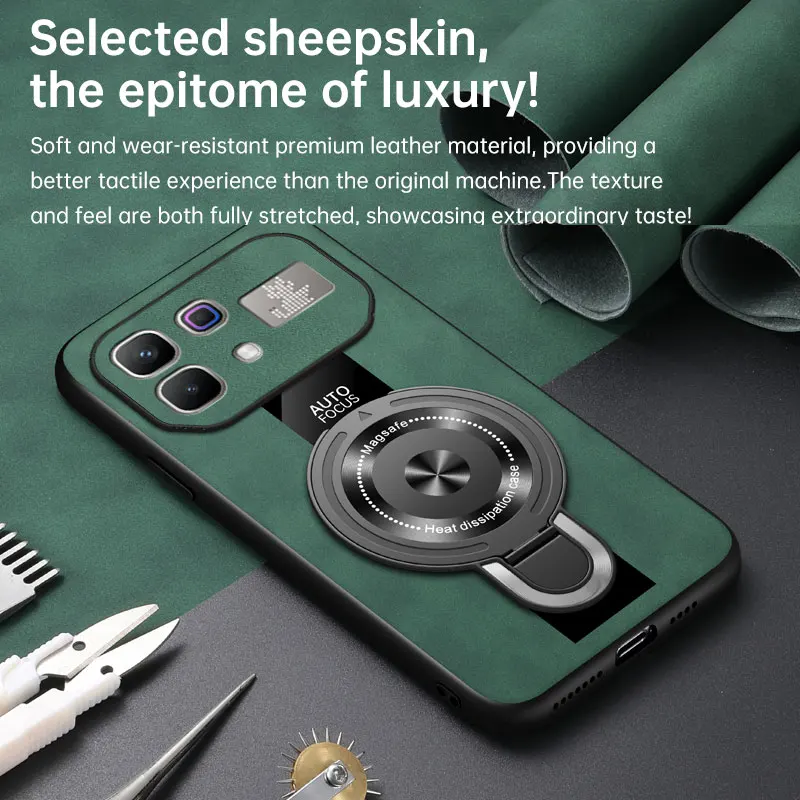 Magsafe Wireless Charging Magnetic Ring Holder Leather Case with Shockproof Soft Frame