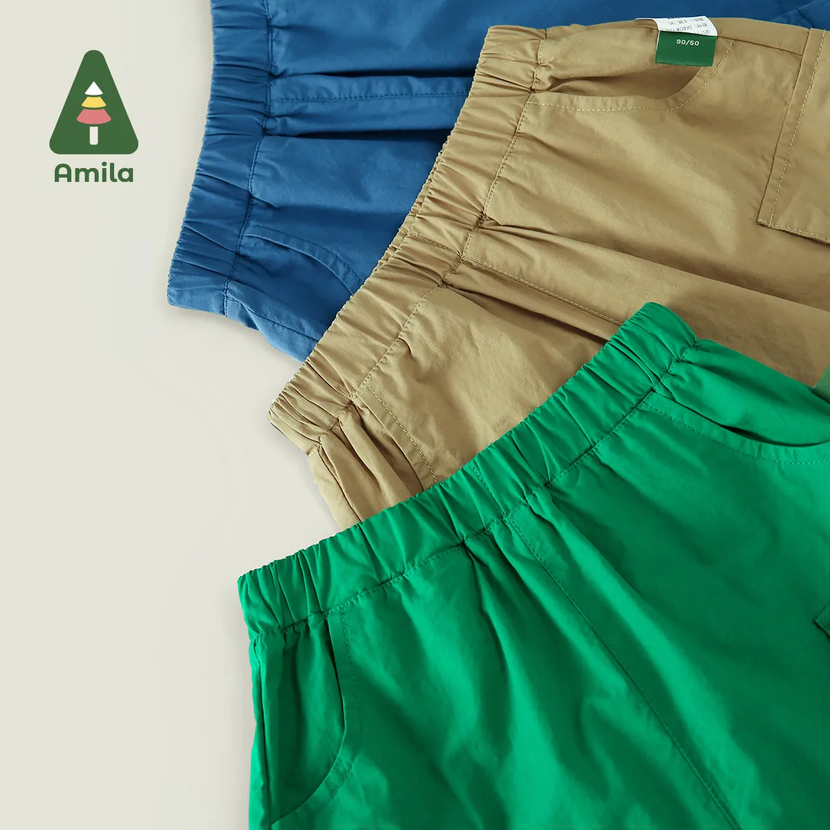Amila Summer New Boys Bottom Cotton Solid Color Cartoon Elephant Pocket Cargo Quarter Pants