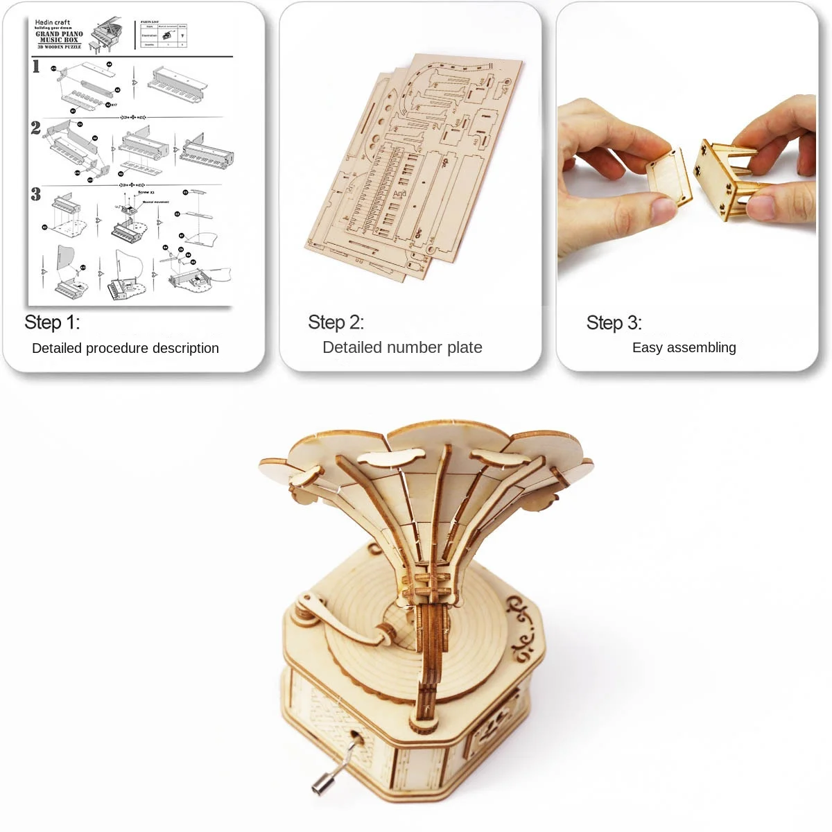 3D Wooden Gramophone Music Box Puzzles Kits for Teen Adults Construction Models Set Toys DIY Assembling Machnical Christmas Gift 4