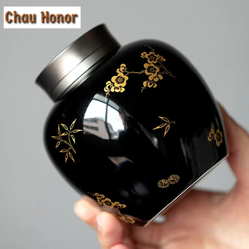 300ml Black Glaze Ceramic Tea Box Home Small Portable Gilding Plum Blossom Tea Canddy Moisture-proof Double Sealed Storage Bin