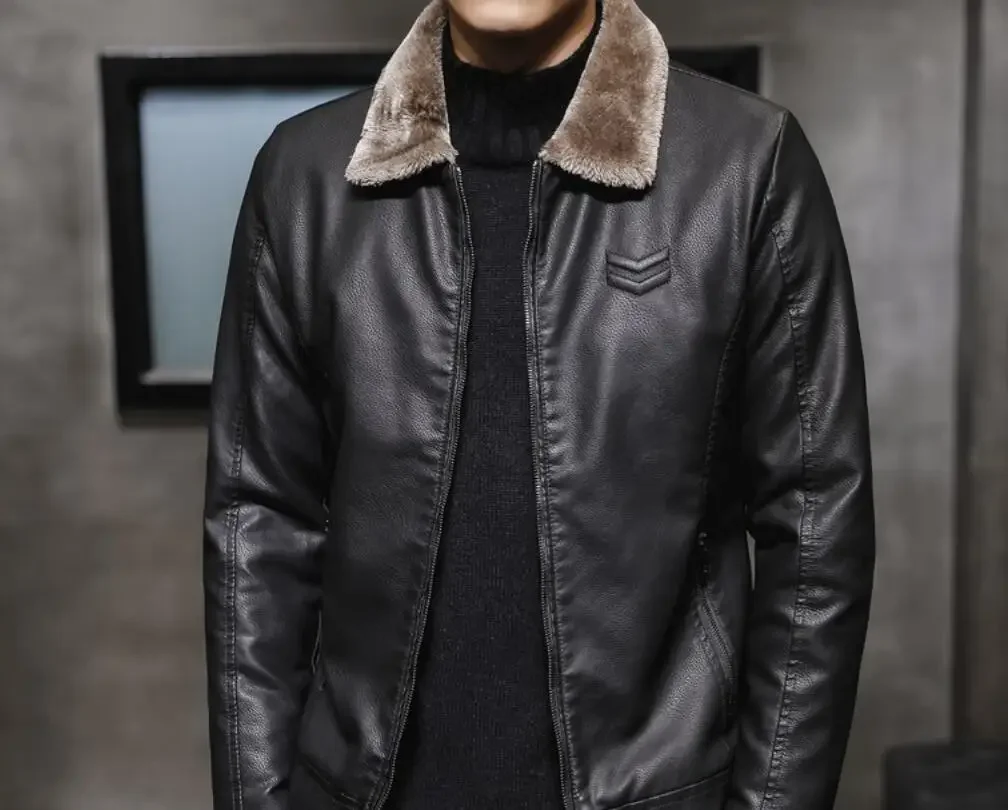 Men Thick Leather Jacket Winter Plush Warm Fashion Windproof Faux Fur Collar Business Casual Coat Brand Male Zipper Cardigan
