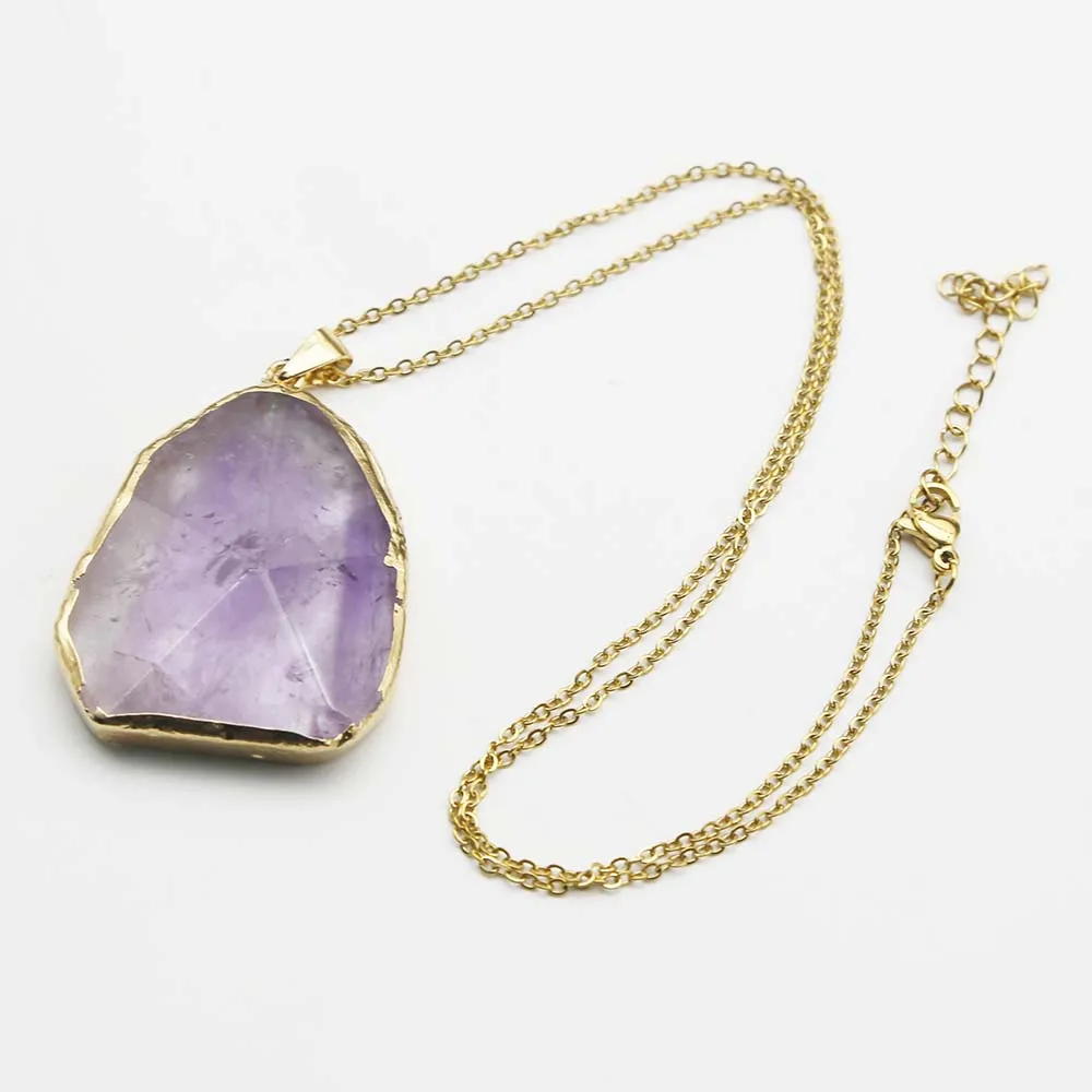 Quality Natural Amethyst Irregular Gold Plated Edge Necklace Pendant Stainless Steel Gold Chain Fashion Charms Jewelry Gift 4Pcs