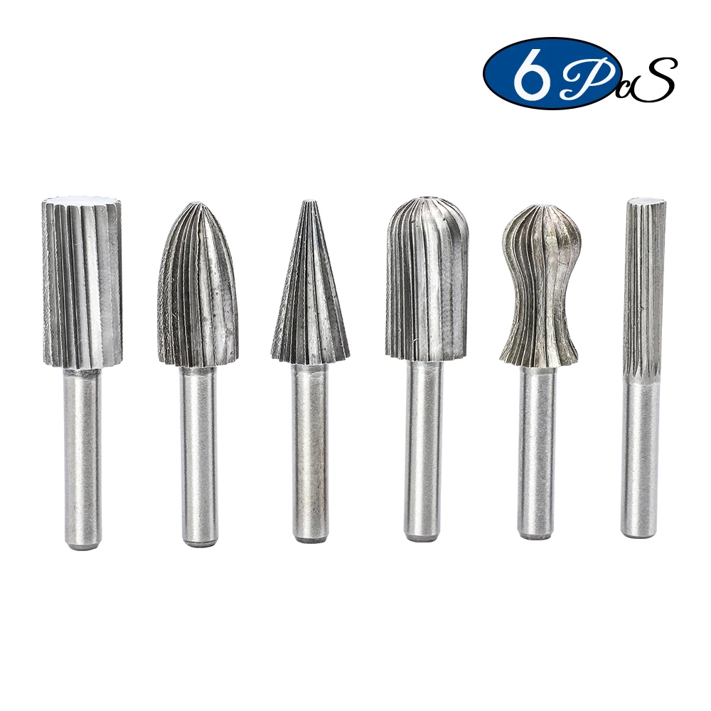 NINDEJIN 6pcs/set carbide rotary file 1/4"inch shank carbon steel burr set rotary tool for woodworking drilling metal carving carbide rotary file