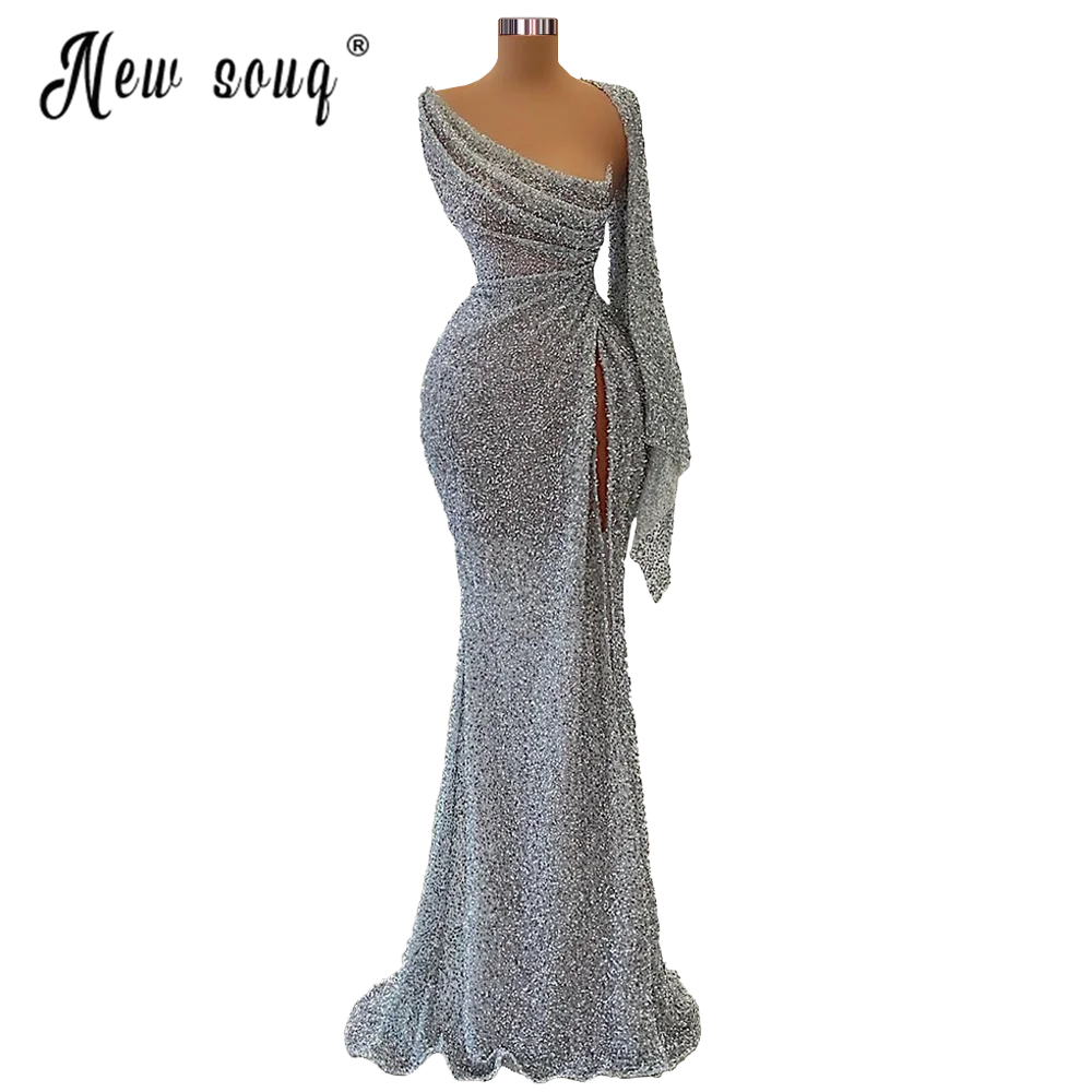 Silver Sparkly Beaded One Long Sleeve Evening Dresses Elegant Pageant Dress for Women Robes De Soiree Cocktail Dresses long formal dresses for women