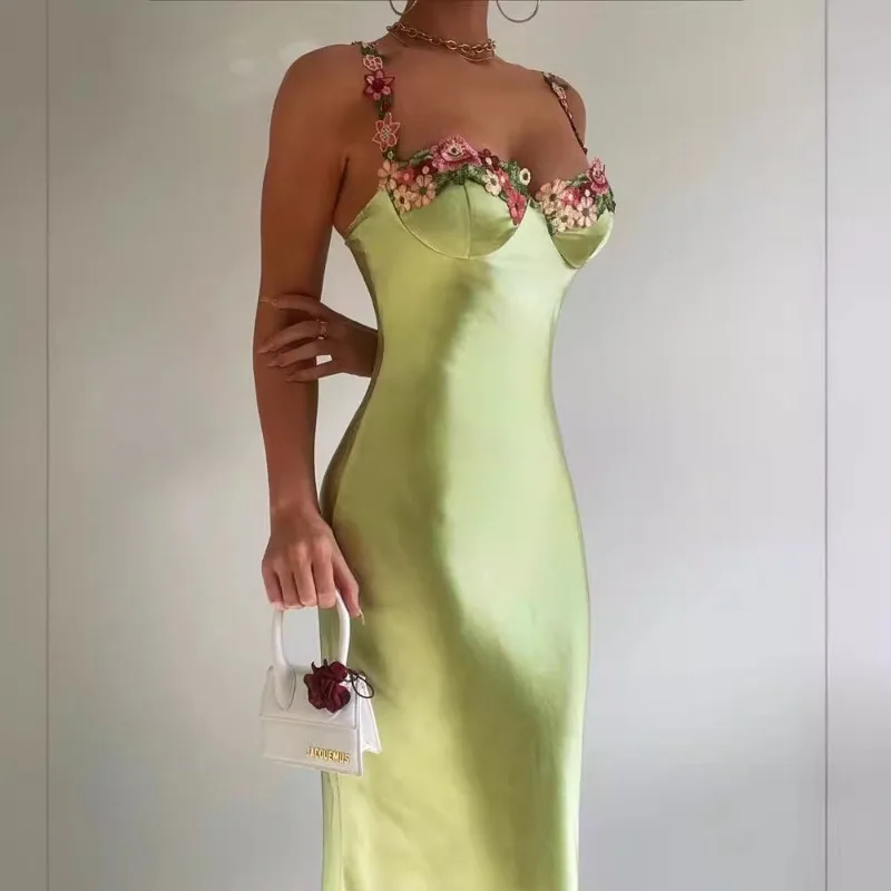 

Design Independence 2024 Spring Summer New Women's Clothing Solid Color Fashion Embroidered Stitching Satin Slim Strap Dress