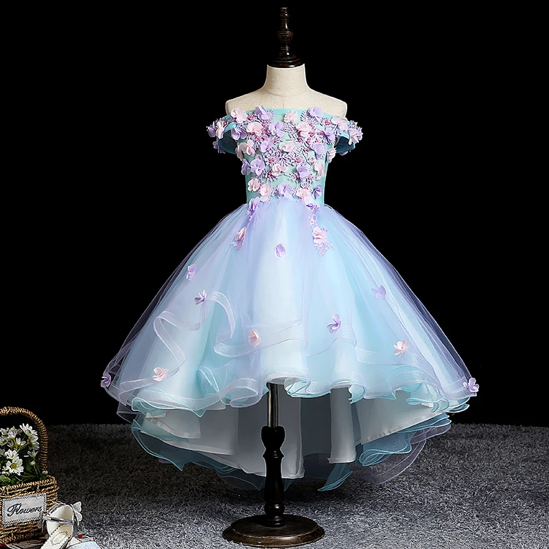 

Evening Dress Boat Neck Appliques Elegant Empire Short Sleeves Zipper Back Ruched High-Low New Party Flower Girl Dresses B1846