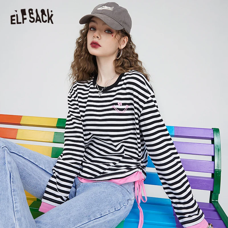 

ELFSACK/пуловер в полоску; Женские футболки; Коллекция 2023 года; Сезон лето-осень; Трикотажная одежда в черно-белую полоску; Футболки