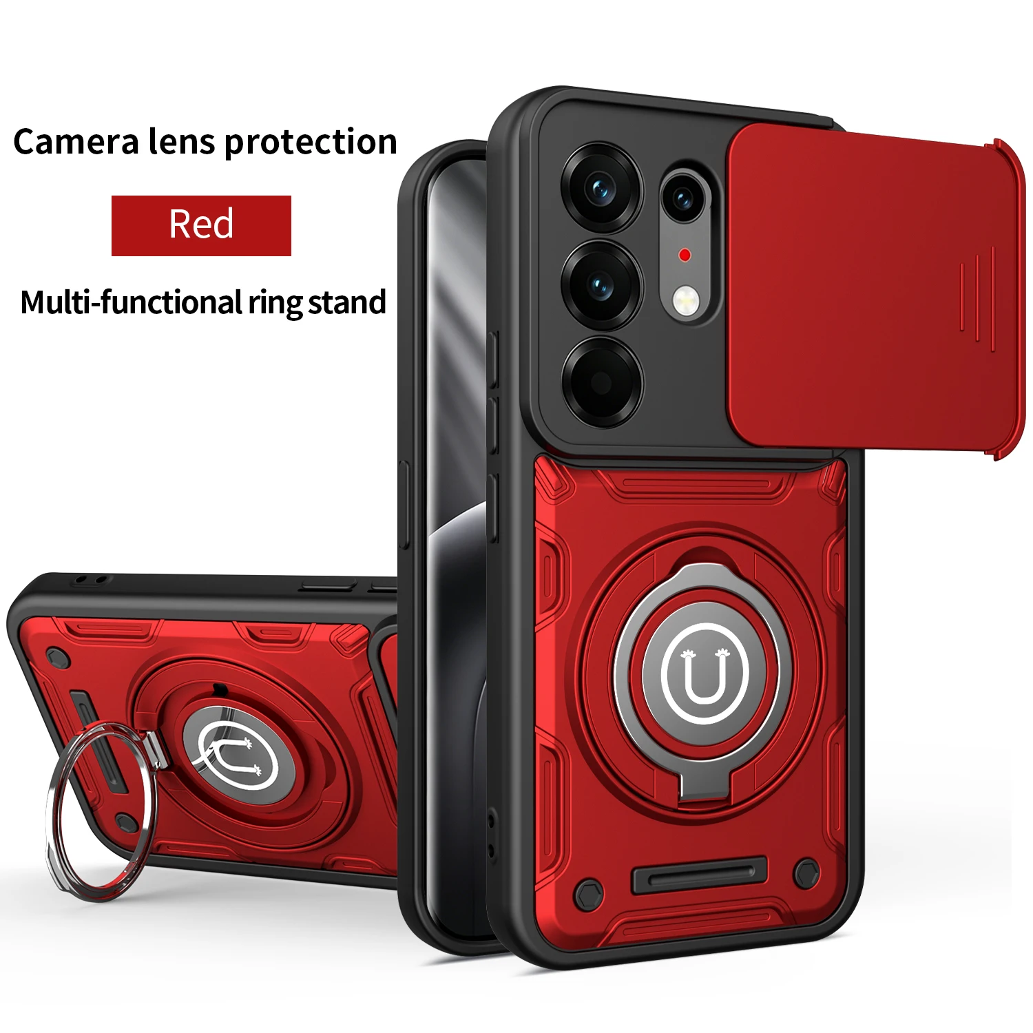 Enhanced Shockproof Armor Case with Slide Camera Lens Protection and Metal Ring Holder