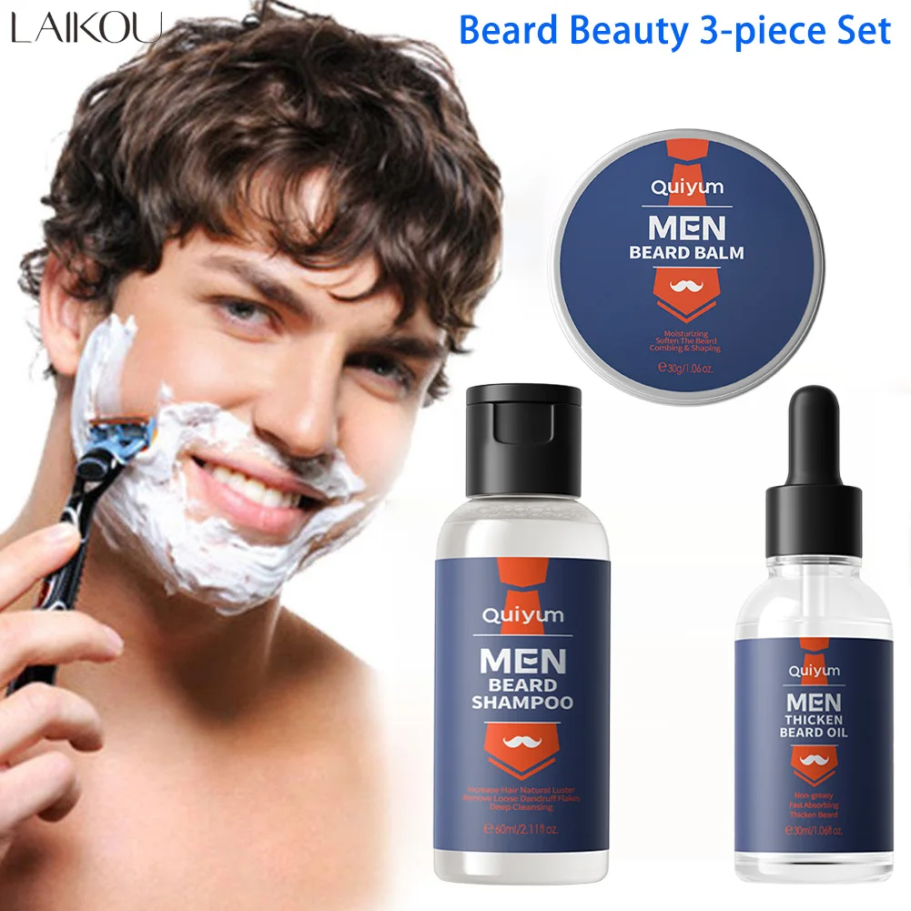 

LAIKOU Moisturizing Beard Kit for Men Grooming Moustache Growth Enhancer Oil Anti Hair Loss Shampoo Beard Care 3Pcs