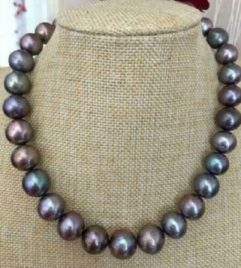 

AAAAA LUSTER 11-12mm REAL natural Tahitian black Round pearl necklace 14k Clasp