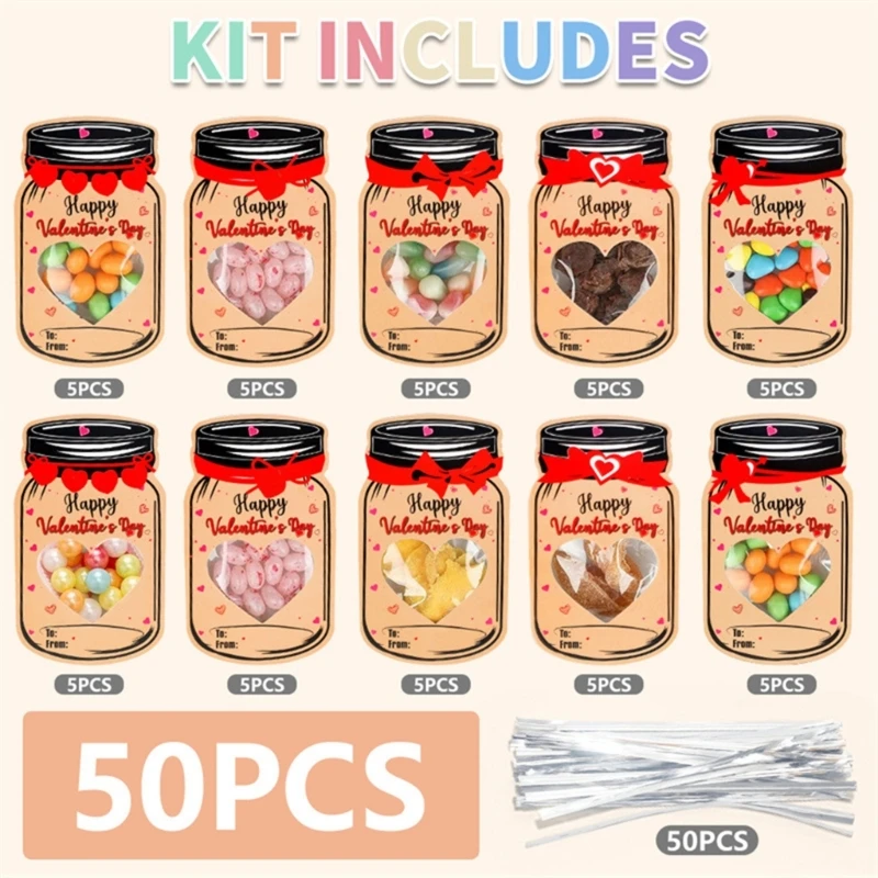 50PCS 사탕 항아리 발렌타인 카드 어린이 발렌타인 데이 카드 아이 발렌타인 선물 세트 소년 소녀 학교 교환 파티 호의