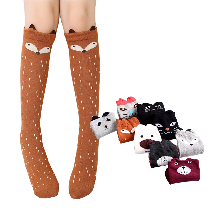 

Милые детские хлопковые чулки до бедра для девочек с 3D рисунком животных из мультфильмов лиса медведь полосатые выше колена