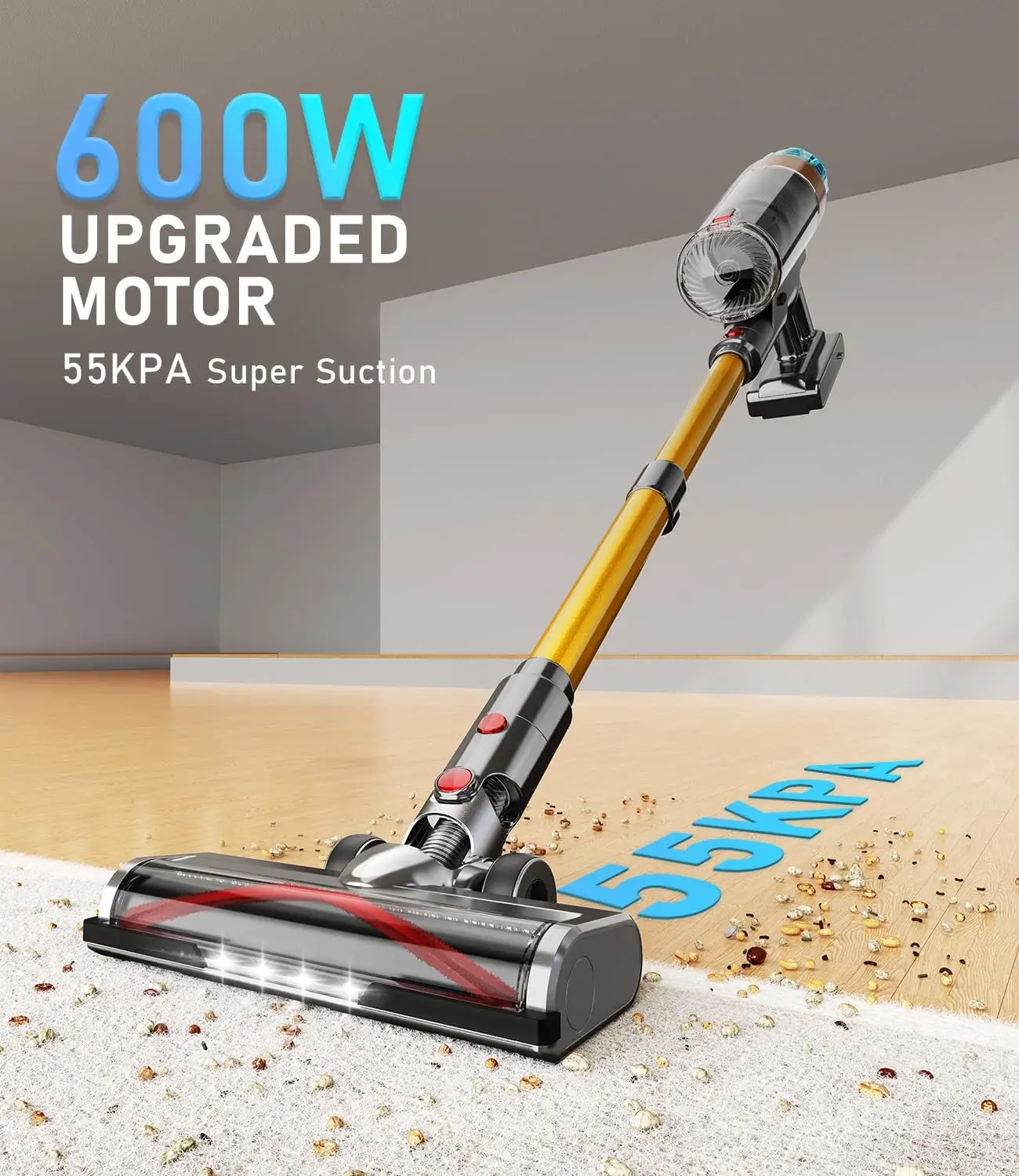 Cordless Vacuum Cleaner 600W 55Kpa Stick Vacuum,Up to 55Mins, Vacuum Cleaners for Home Rechargeable Wall Mount OLED Color Screen 2