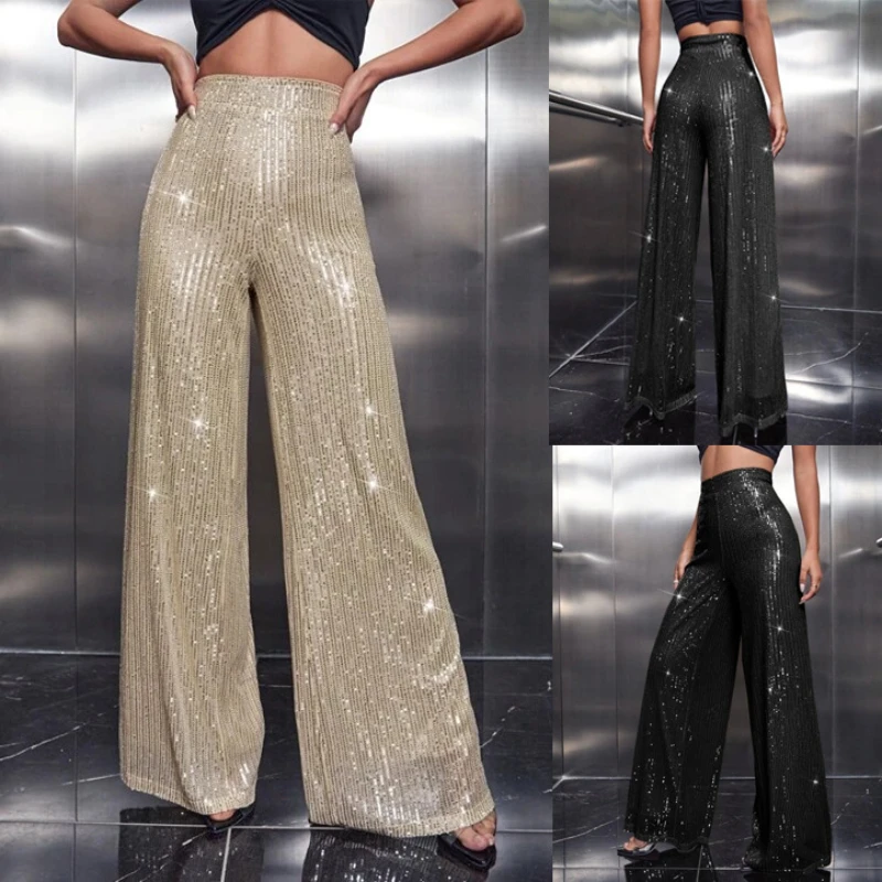 

Women Sequin Flare Pants High Waist Sparkle Glitter Loose Wide Leg Pants Casual Long Trousers Party Clubwear Streetwear Women