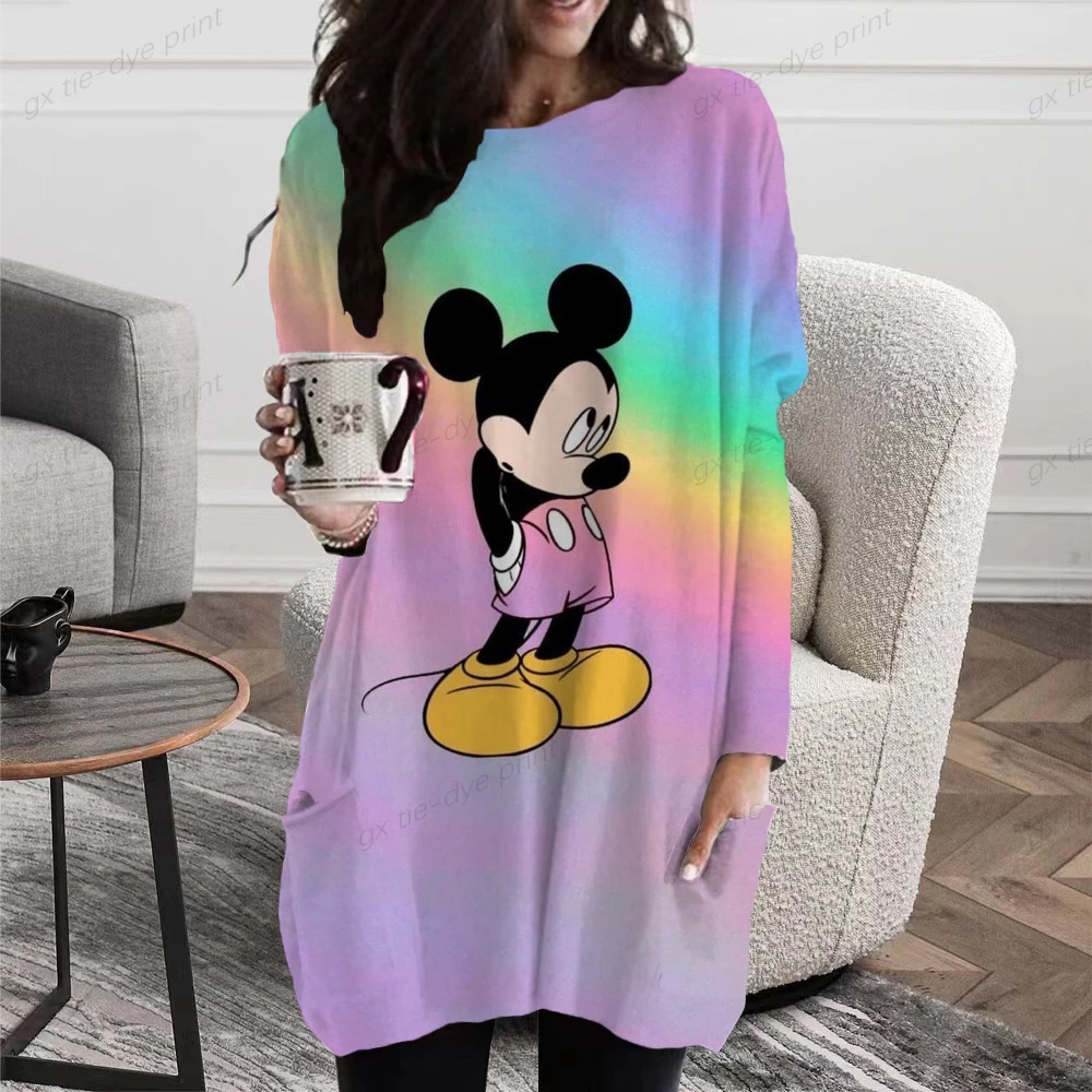 Disney Camisa de moda de Mickey Mouse para mujer, cuello redondo recortado  con estampado de manga