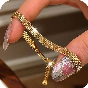 Aço inoxidável 18k banhado a ouro requintado tecelagem malha pulseiras para mulheres chunky na moda link corrente pulseira ajustável jóias 1