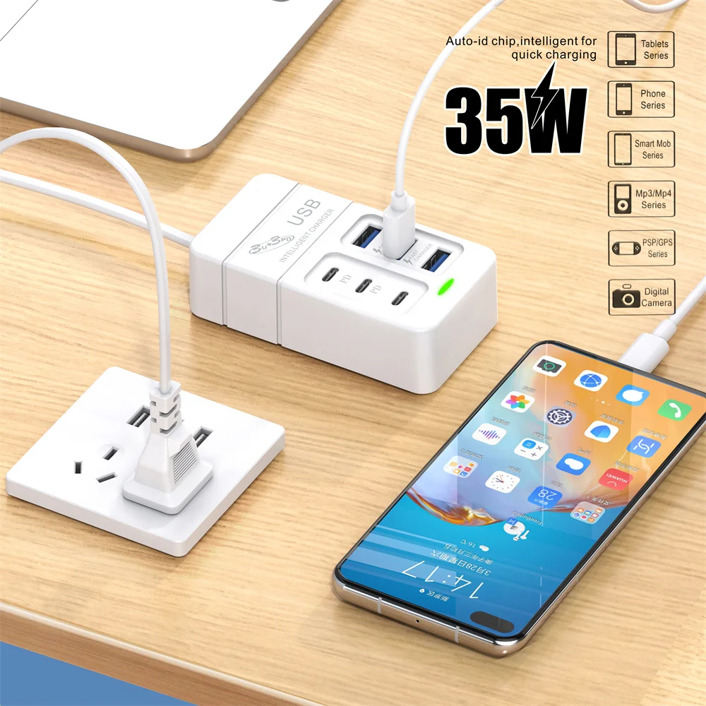 Power strip 35W 6 ports USB Type C multiple ports mobile phone adaptors for iPhone Xiaomi Huawei quick charging sockets